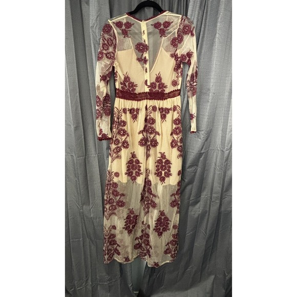 Unbranded Embroidered Floral Mesh Maxi Dress Women S Beige Burgundy Boho Prairie - Picture 2 of 12